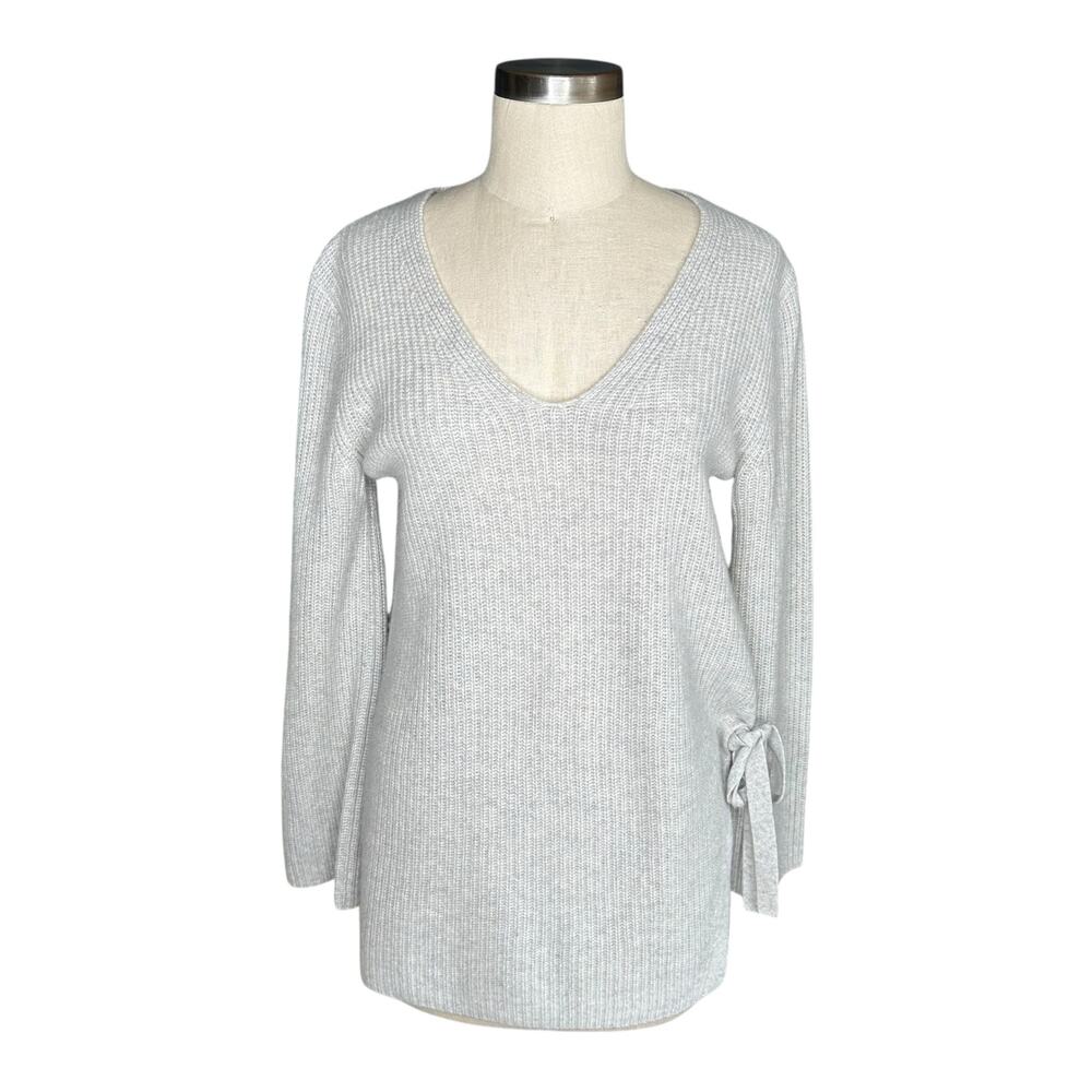 HALOGEN Gray Cashmere V-Neck Pullover Knit Sweater Side Tie Women's Size Small